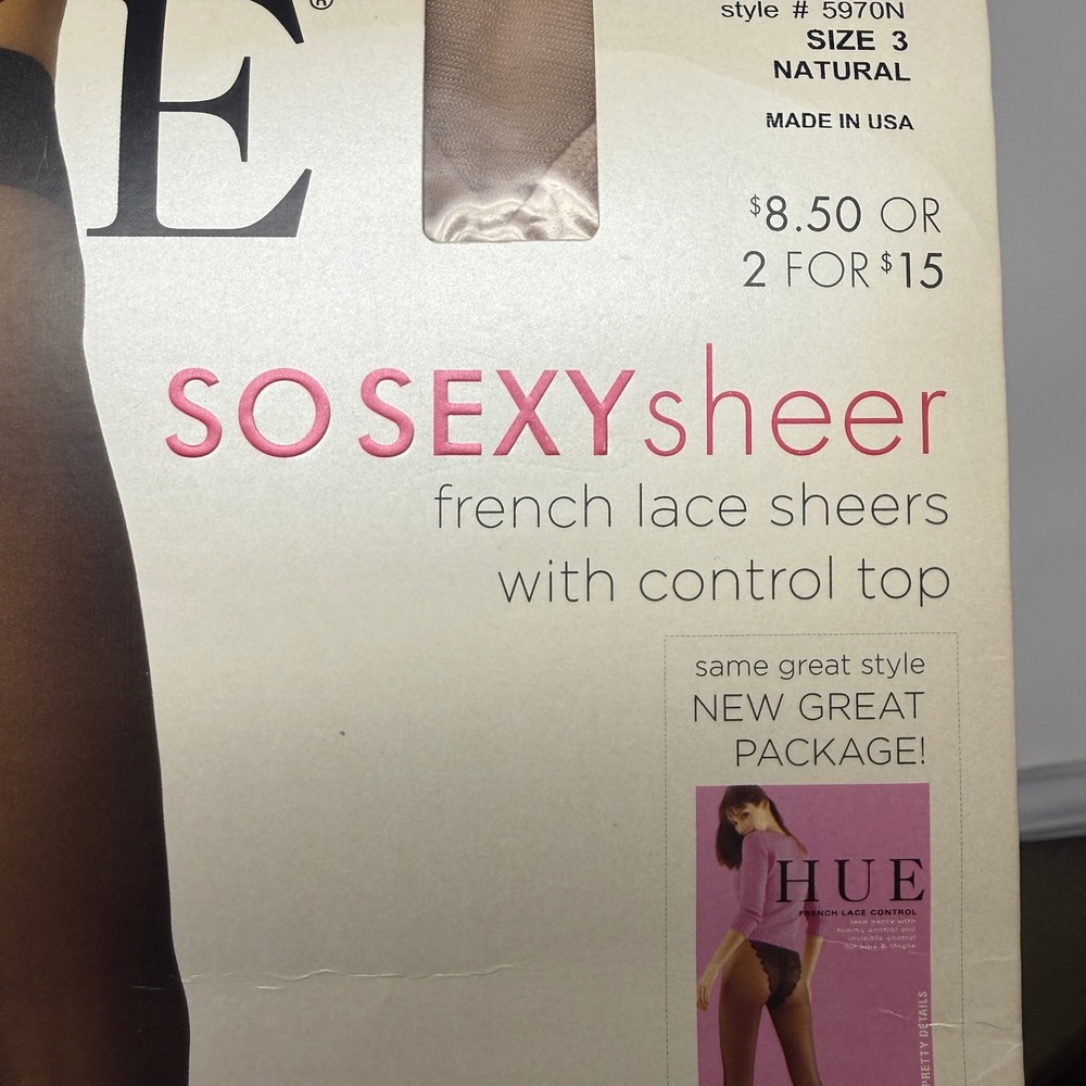 VTG Hue So Sexy Sheer French Lace Sheers Control Top Tights Natural Size 3 2pk - Picture 3 of 7